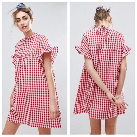 red gingham smock dress